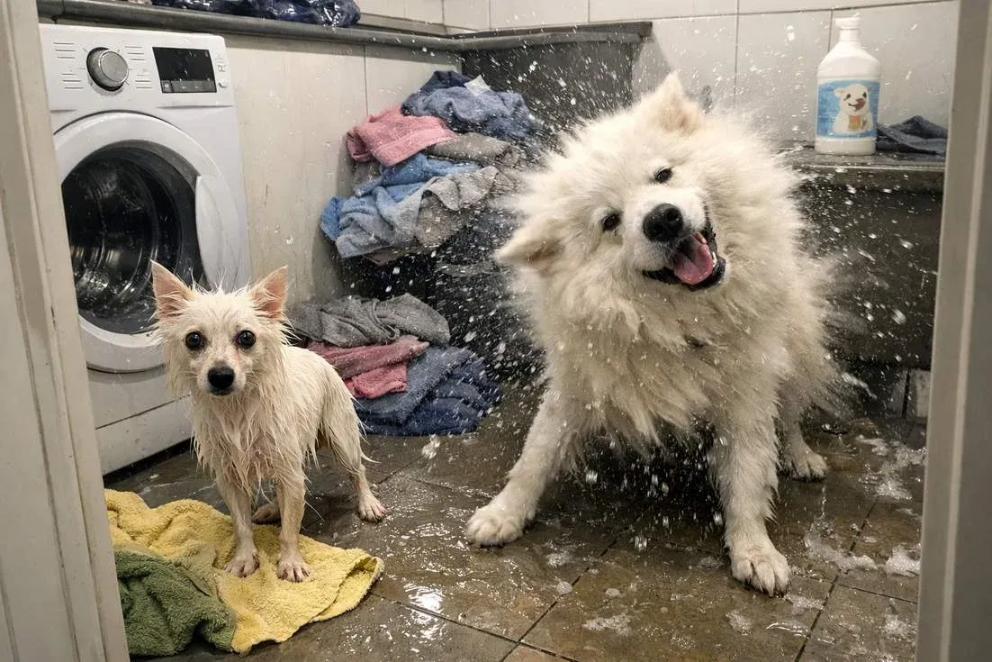 japanese-spitz-and-samoyed-bathing Japanese Spitz And Samoyed Bathing