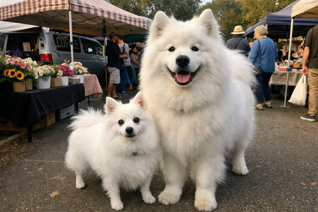 japanese-spitz-and-samoyed-standing Japanese Spitz And Samoyed Standing