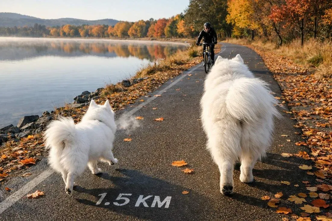 japanese-spitz-and-samoyed-walking Japanese Spitz And Samoyed Walking