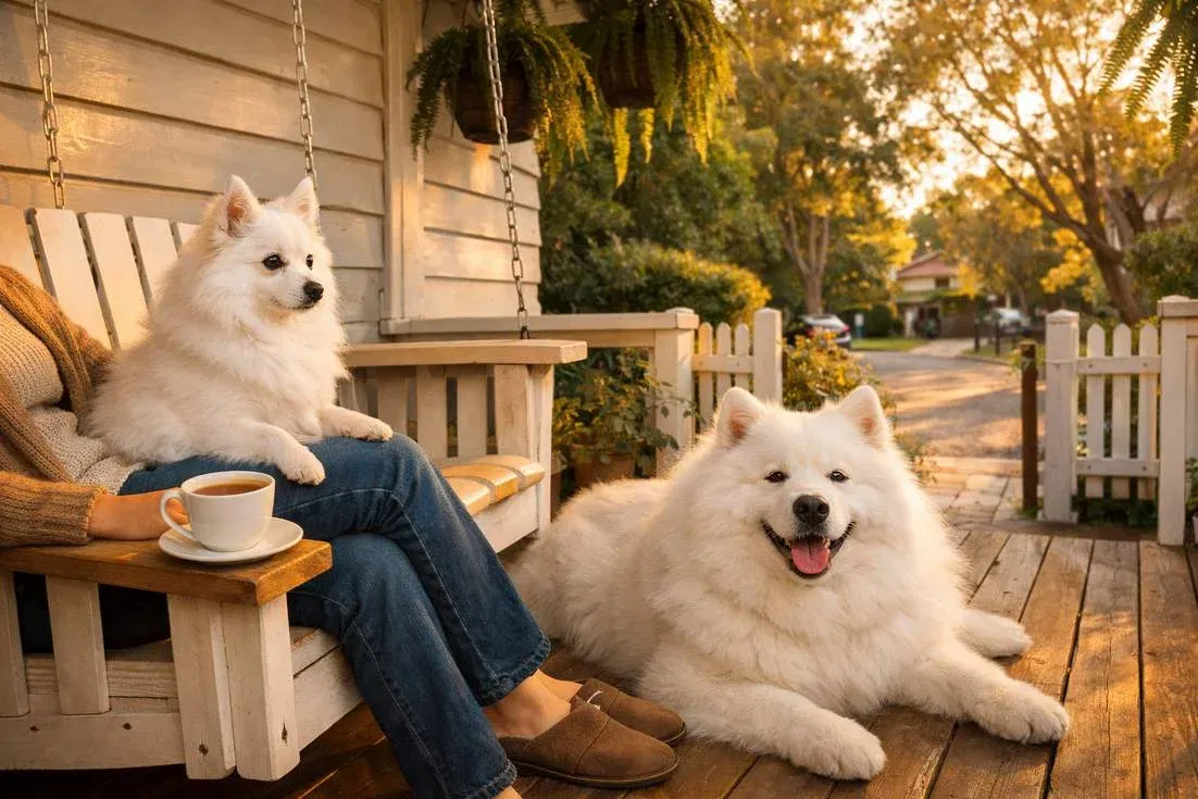 japanese-spitz-and-samoyed-with-owner Japanese Spitz And Samoyed With Owner