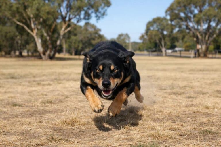 Kelpie Sprinting Toward Camera Across A Dog Park During Emergency Recall