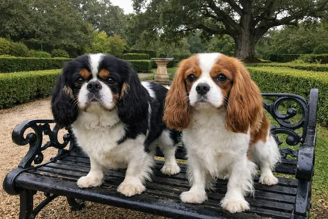 king-charles-spaniel-and-cavalier-on-bench King Charles Spaniel And Cavalier On Bench