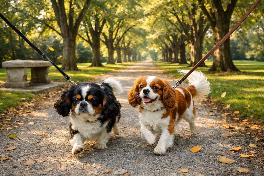king-charles-spaniel-and-cavalier-walking King Charles Spaniel And Cavalier Walking