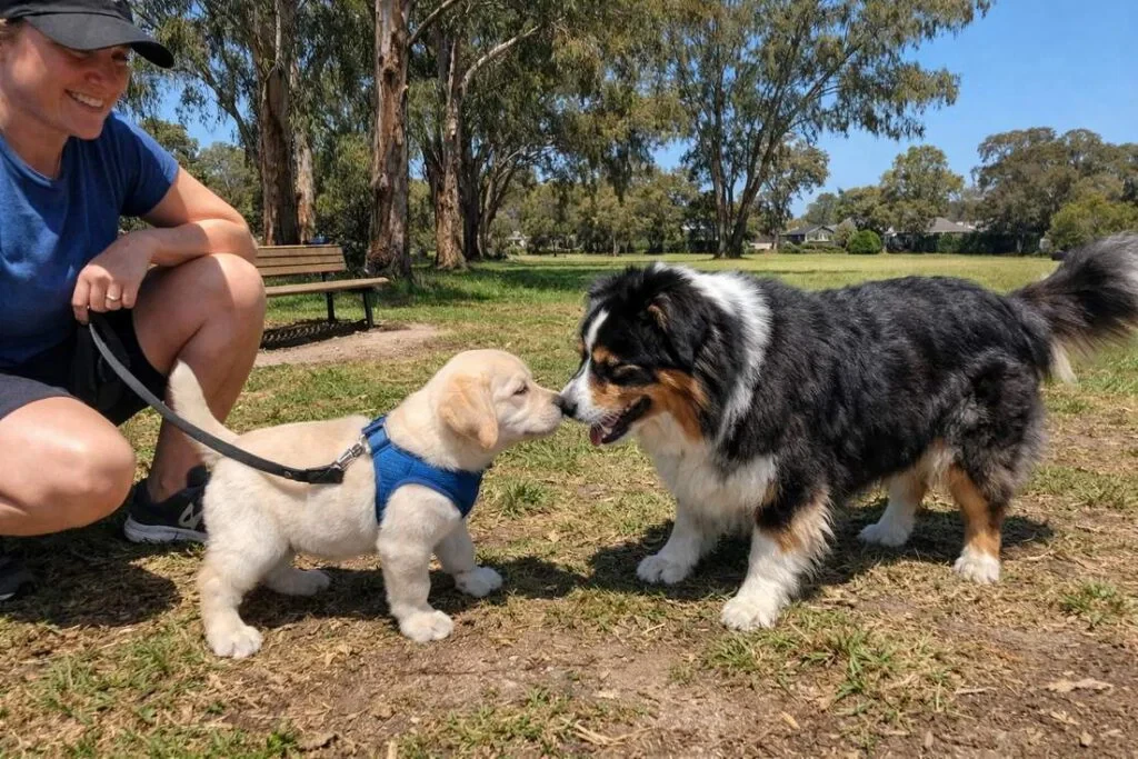 Labrador Puppy On A Leash Meeting Another Dog At Park