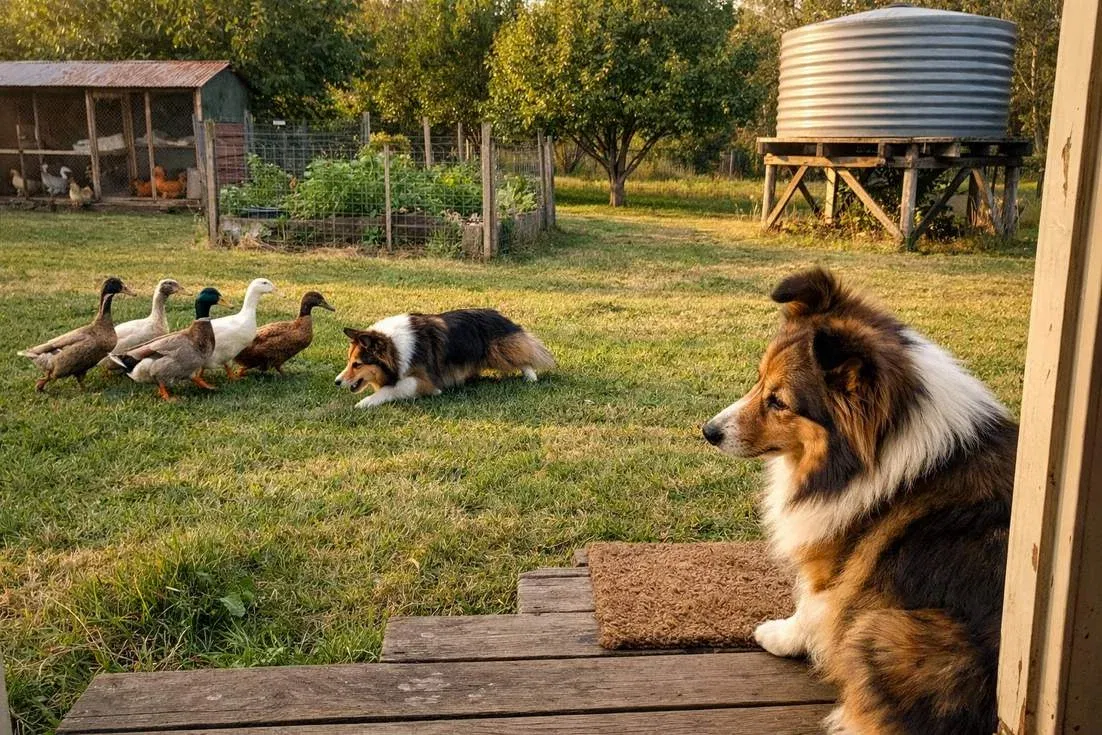 Miniature Collie And Sheltie At Backyard