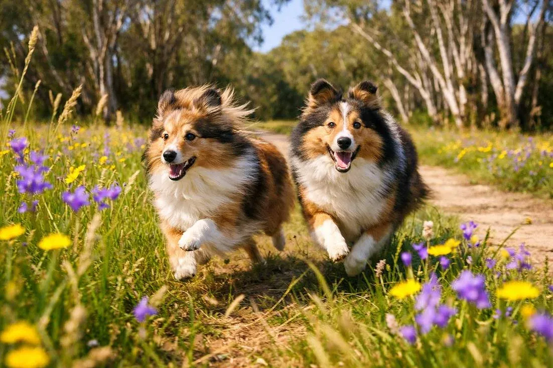 Miniature Collie And Sheltie Running