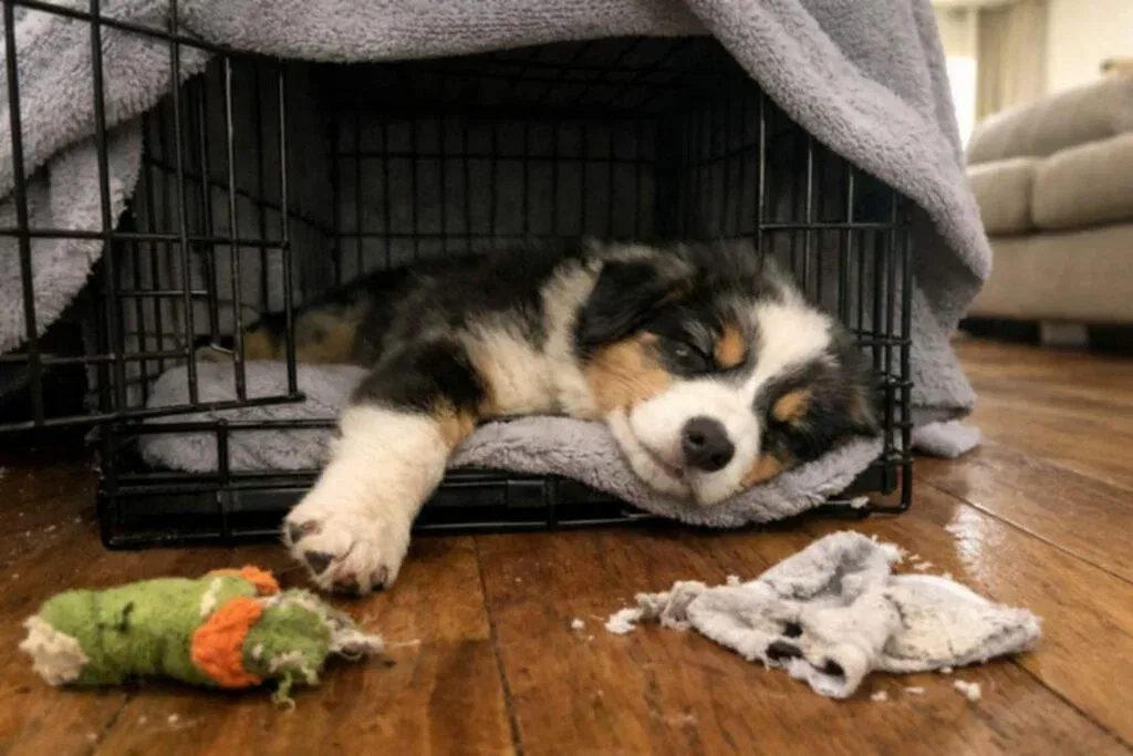 Overtired Australian Shepherd Puppy Fast Asleep Inside A Covered Crate