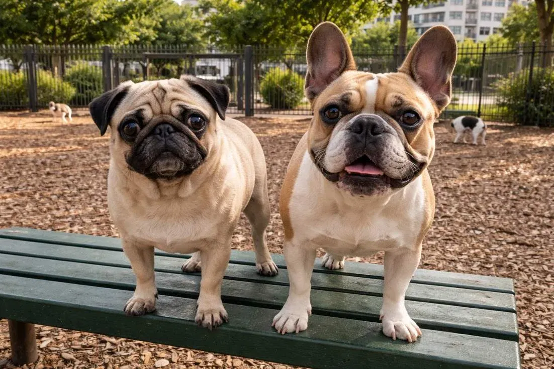 pug-with-french-bulldog-on-bench Pug With French Bulldog On Bench