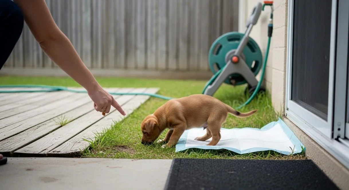 Puppy Being Toilet Trained At Backyard