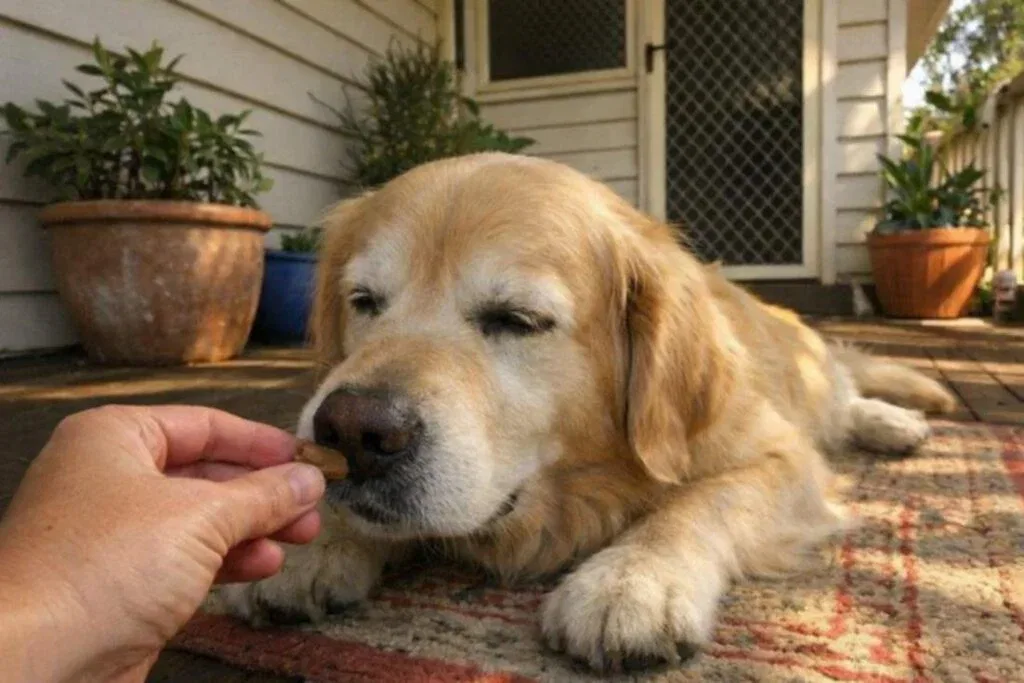 Relaxed Golden Retriever Receiving A Treat On A Sunny Veranda