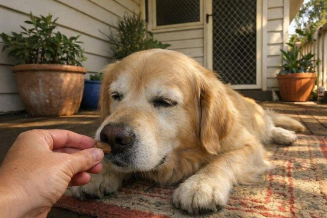 Relaxed Golden Retriever Receiving A Treat On A Sunny Veranda