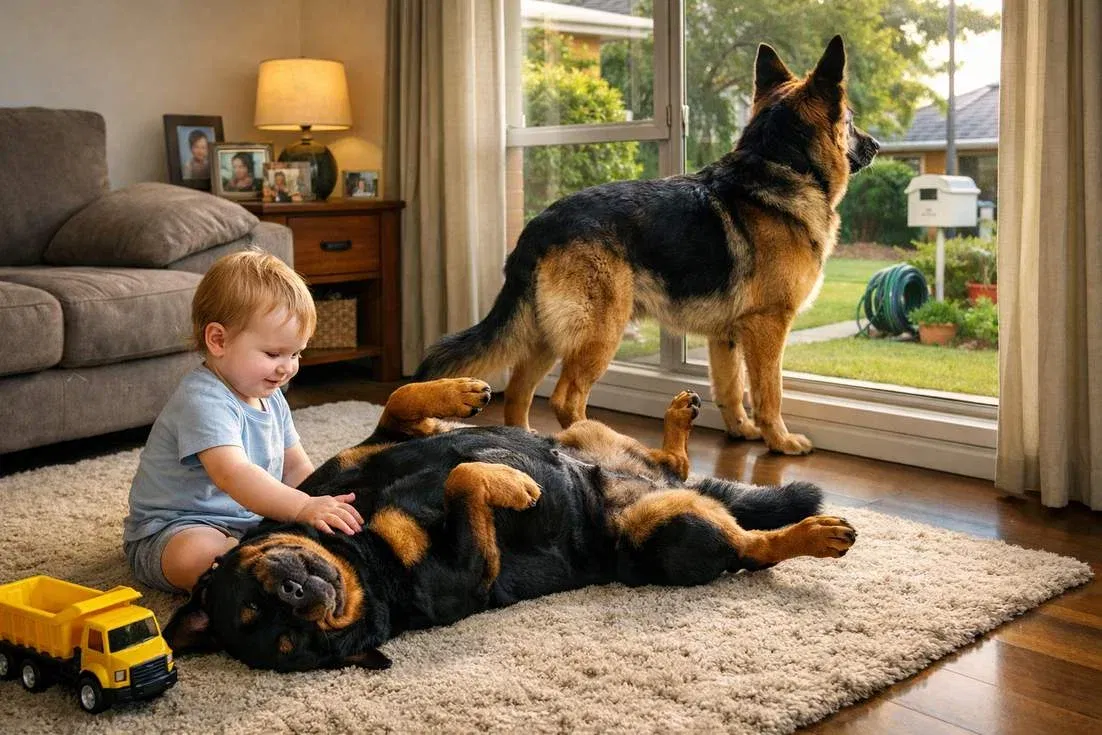 rottweiler-and-german-shepherd-with-kid Rottweiler And German Shepherd With Kid