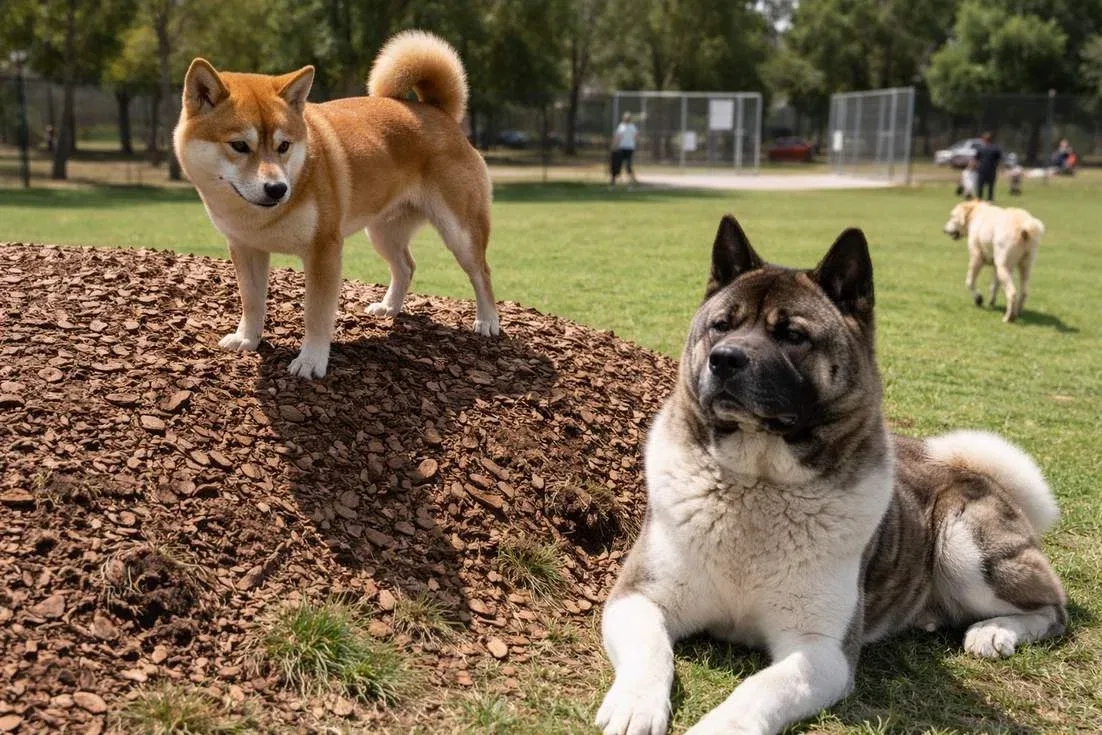 shiba-inu-and-akita-at-park Shiba Inu And Akita At Park