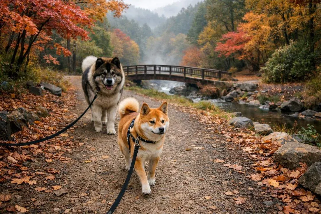 shiba-inu-and-akita-walking Shiba Inu And Akita Walking
