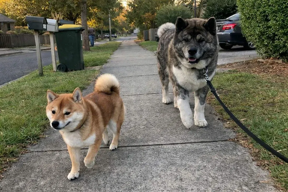 shiba-inu-with-akita-on-footpath Shiba Inu With Akita On Footpath