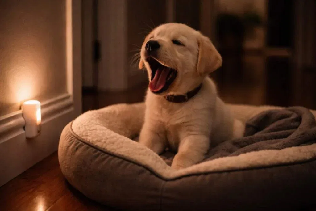 Sleepy Labrador Puppy Yawning On A Dog Bed