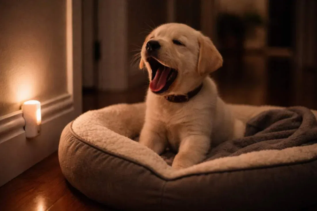 Sleepy Labrador Puppy Yawning On A Dog Bed