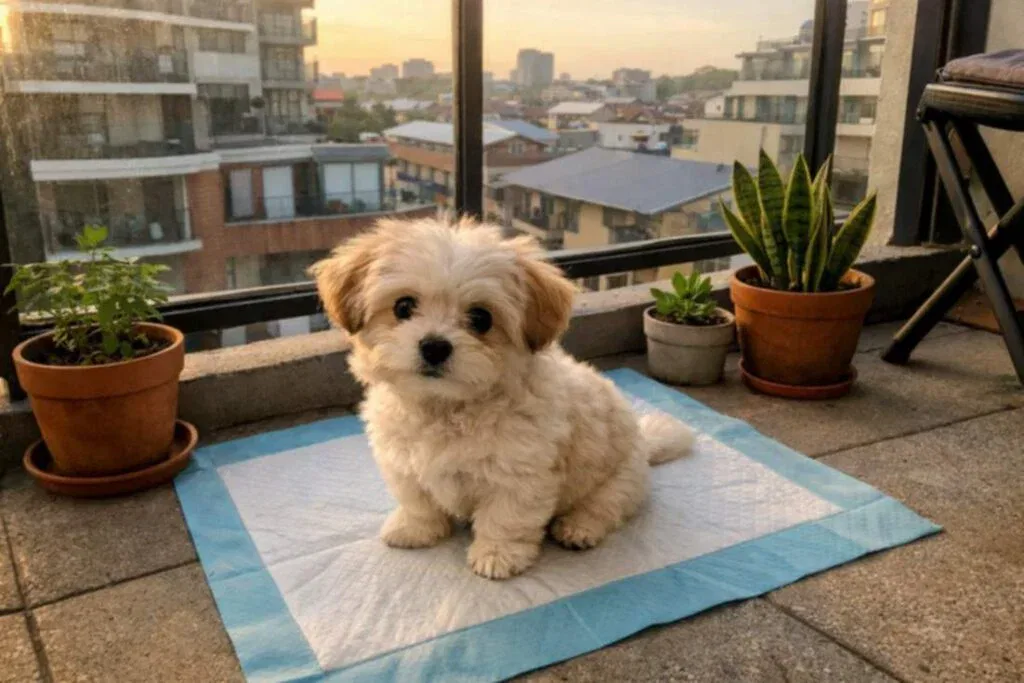 Small Maltese Cross Puppy Sitting At An Apartment Balcony
