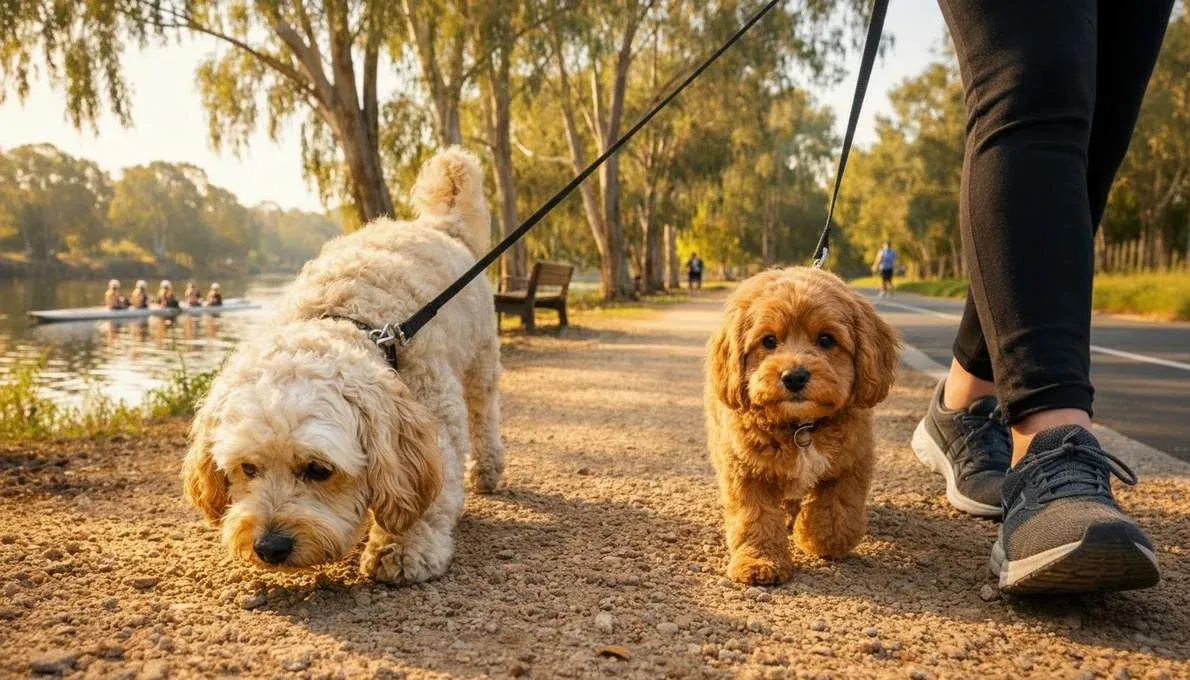 spoodle-and-cavoodle-walking-with-owner Spoodle And Cavoodle Walking With Owner