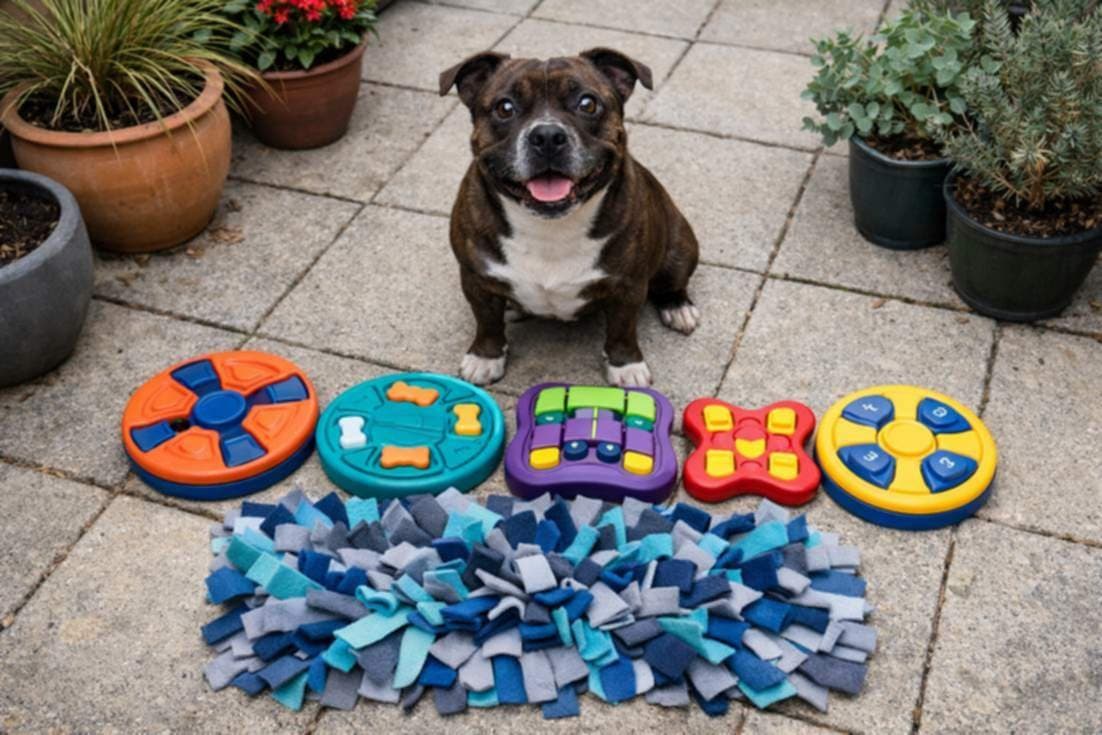 Staffy Sitting Patiently Behind Puzzle Toys At Backyard Patio