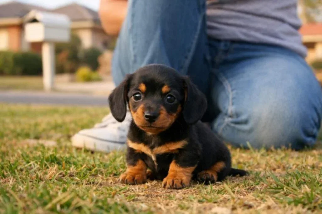 Tiny 8-week-old dachshund puppy sitting on grass