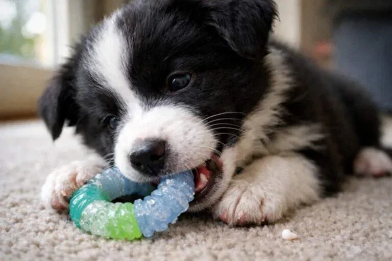 Young Border Collie Puppy Chewing A Frozen Teething Toy