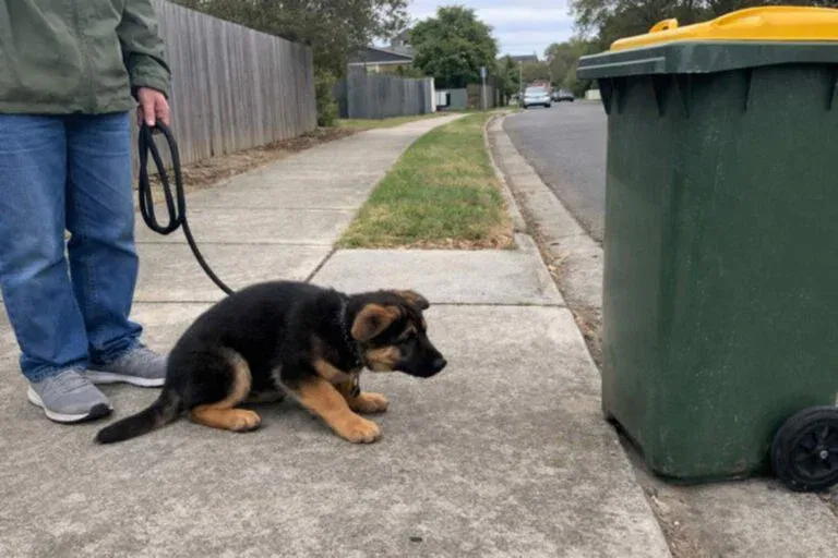 Young German Shepherd Puppy Crouching Cautiously Near A Wheelie Bin