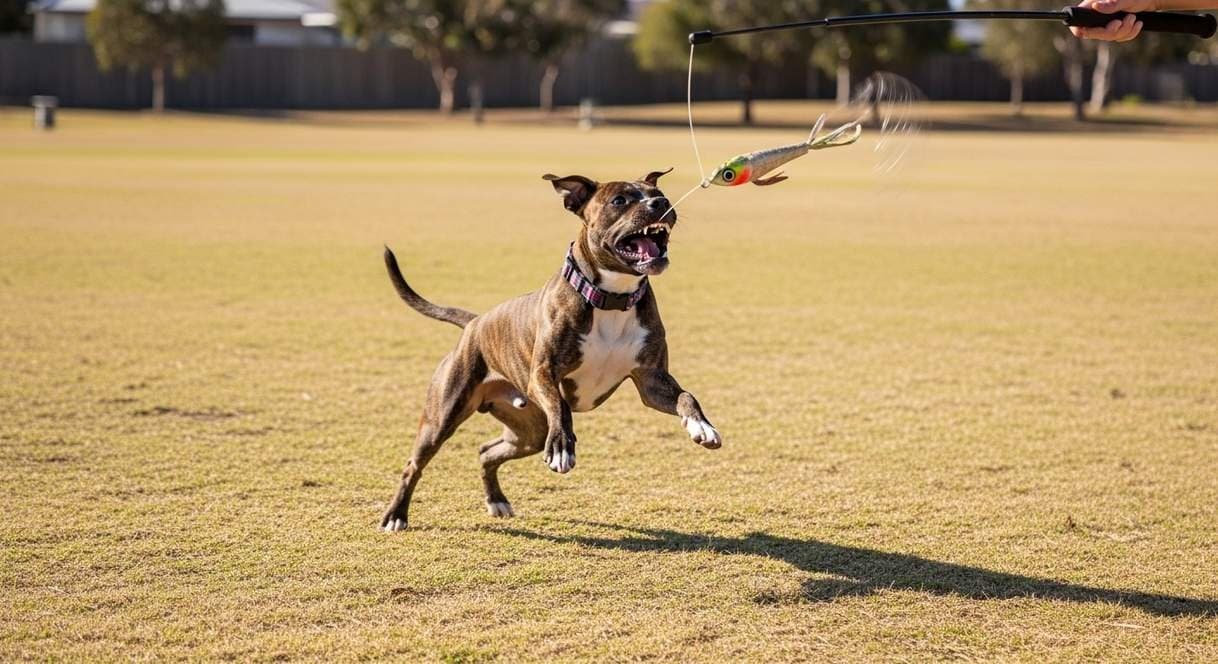 A Brindle Staffy Leaping For A Flirt Pole Lure At A Park