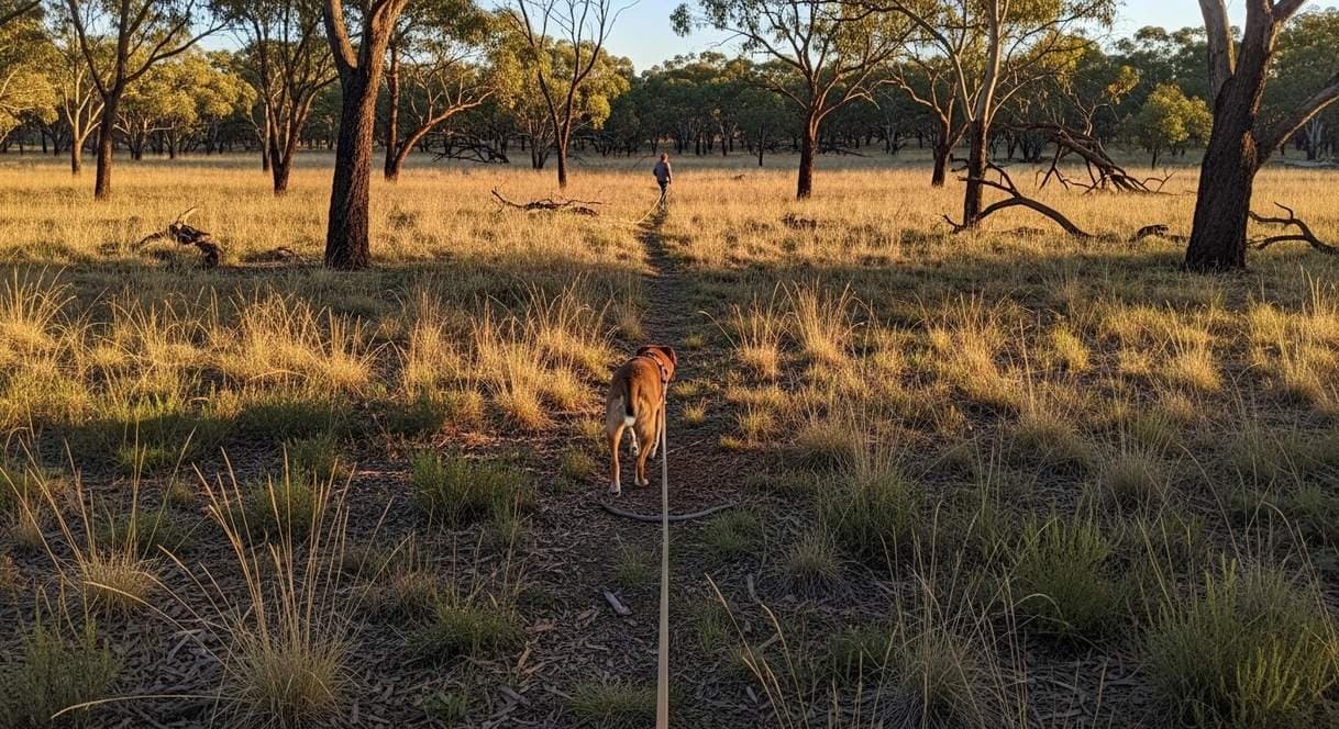 A Dog On A Long Line Exploring Freely Through Open Bushland During A Decompression Walk