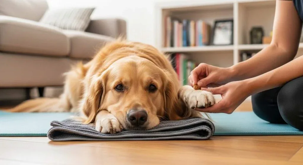 A Golden Retriever Lying Calmly While Its Owner Handles Its Paw During Cooperative Care Training