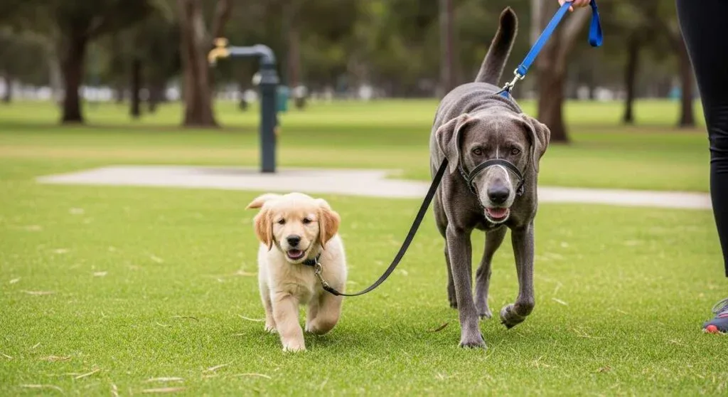 A Golden Retriever Puppy And A Grey Muzzled Senior Labrador Walking Together At Park