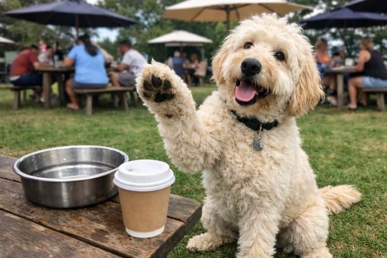 How to Train a Groodle (Goldendoodle) 1 A Groodle Offering A Paw Shake At A Cafy