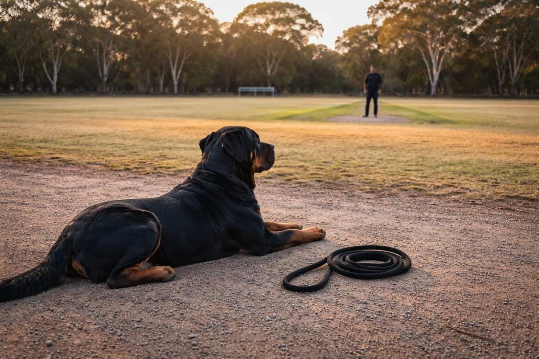 A Rottweiler In A Steady Down Stay On A Gravel Path