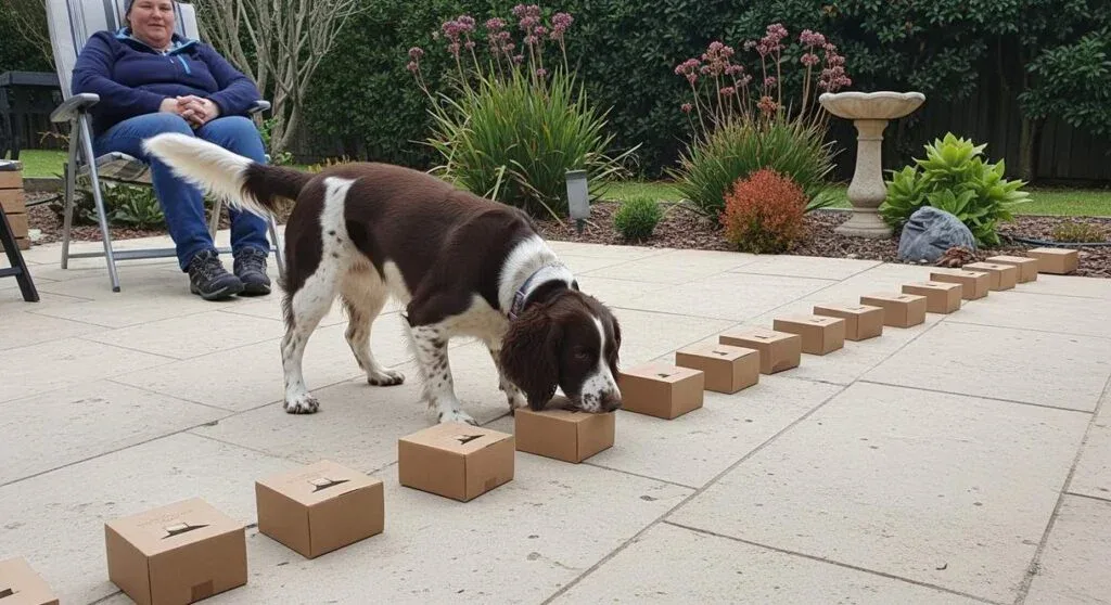 A Springer Spaniel Sniffing Along A Row Of Cardboard Boxes During Nose Work In Backyard