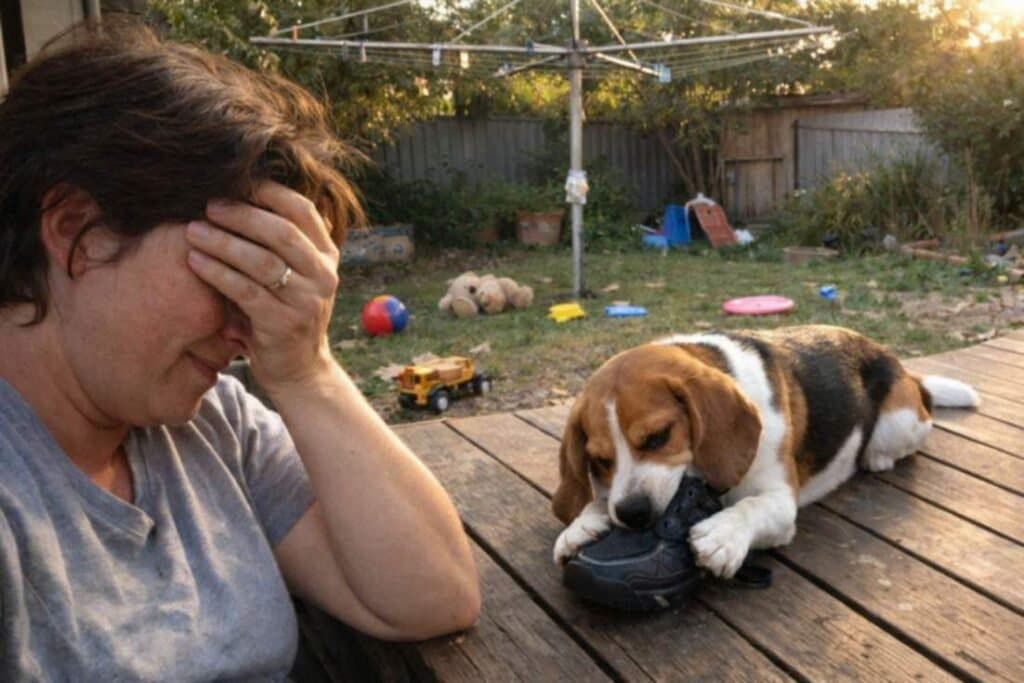 Home 1 Dog Owner Watching Their Beagle Chew A Shoe