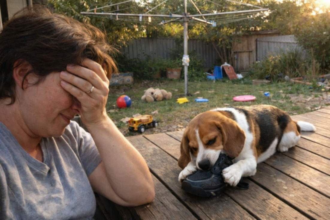 Dog Owner Watching Their Beagle Chew A Shoe