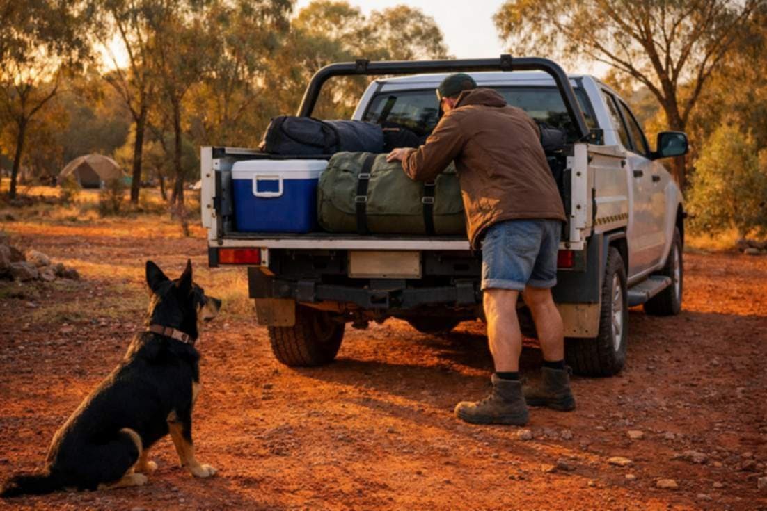 Dog Watching His Owner Pack Camping Gear Into A Ute Tray