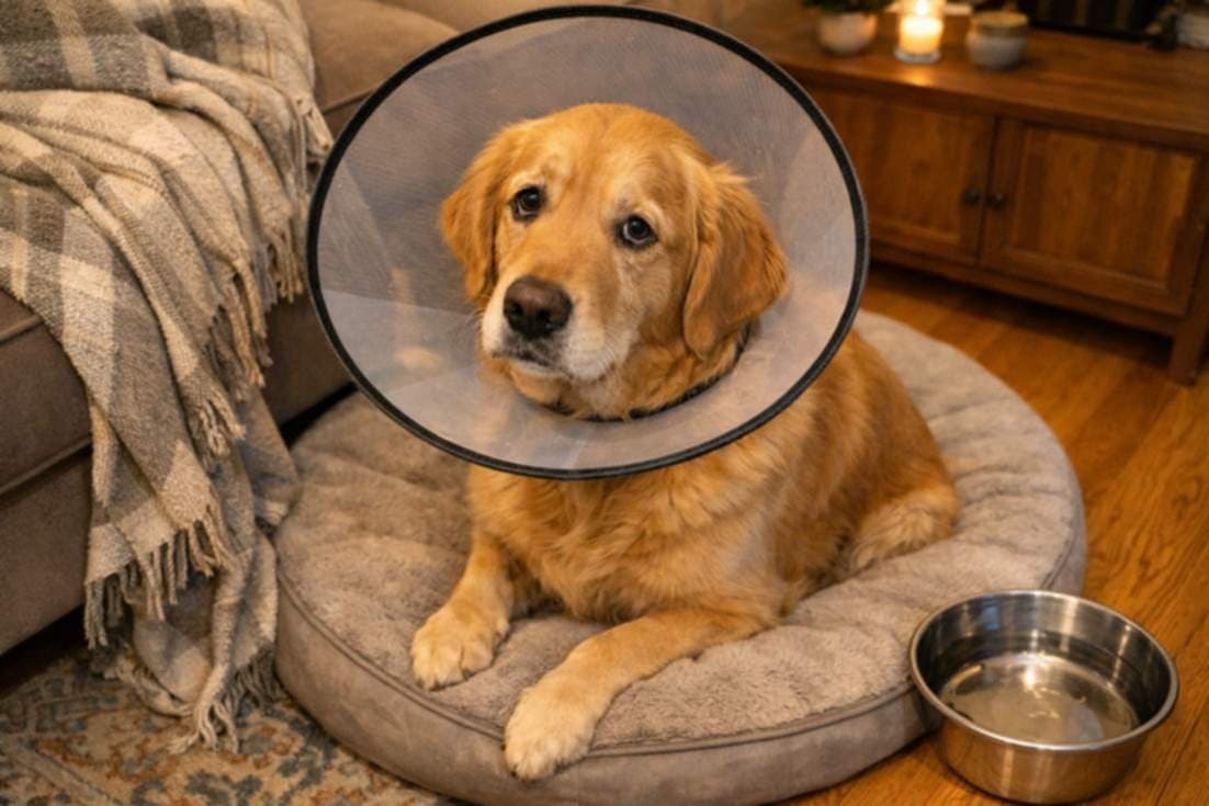 Dog Wearing A Recovery Cone Resting On A Dog Bed