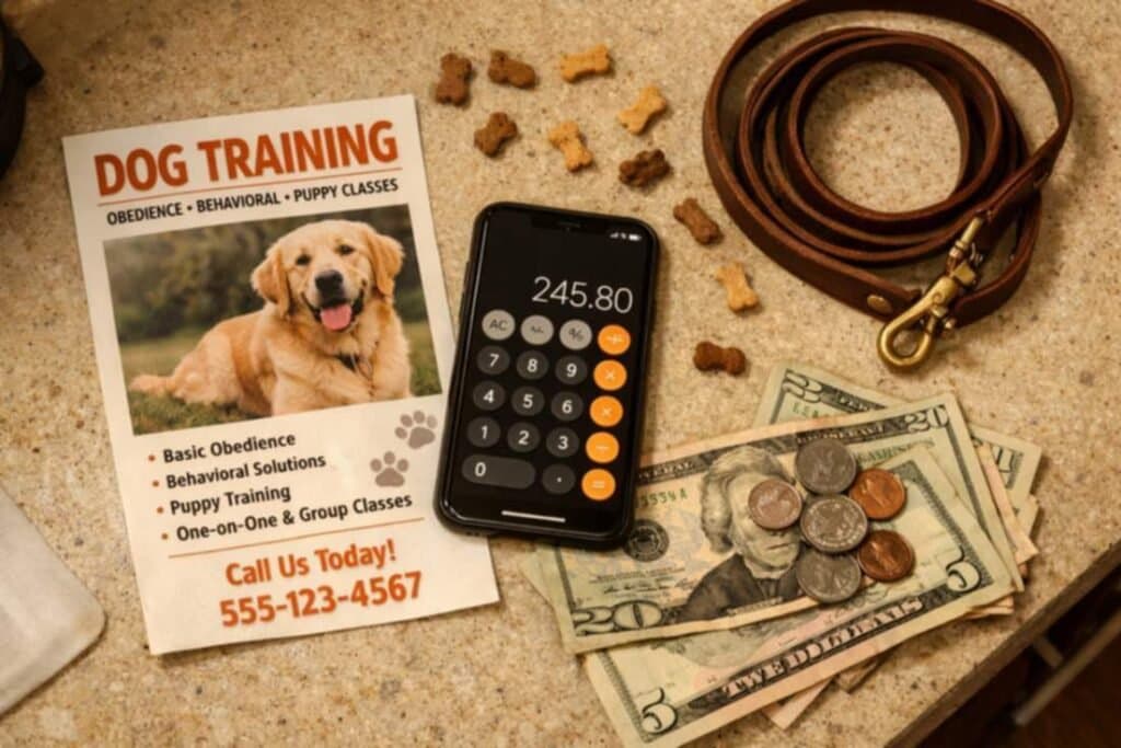 Home 1 Flat Lay Of Dog Training Costs With A Calculator