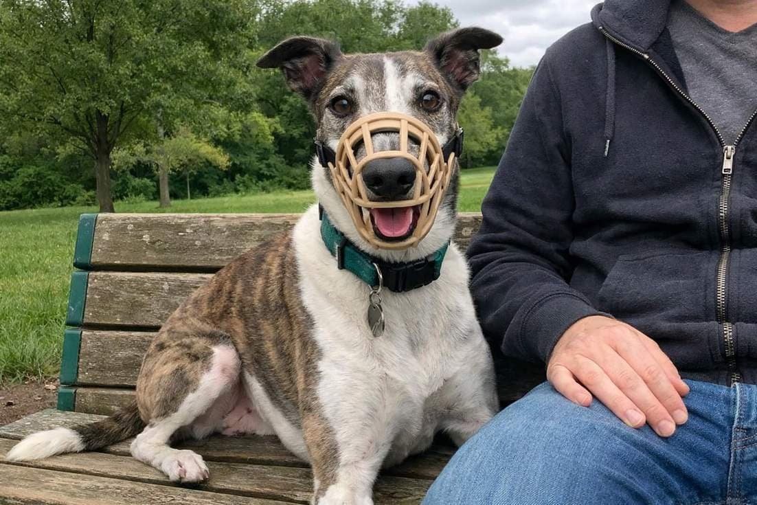 Greyhound Dog Wearing A Basket Muzzle Sitting Next To His Owner