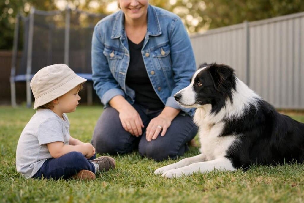 Kid Sitting On Grass Near A Dog With A Parent