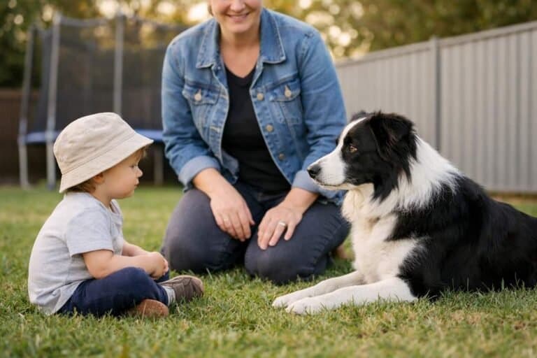 Kid Sitting On Grass Near A Dog With A Parent