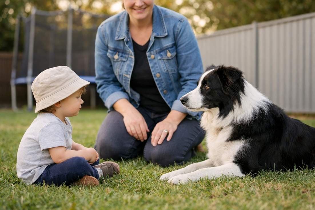 Kid Sitting On Grass Near A Dog With A Parent