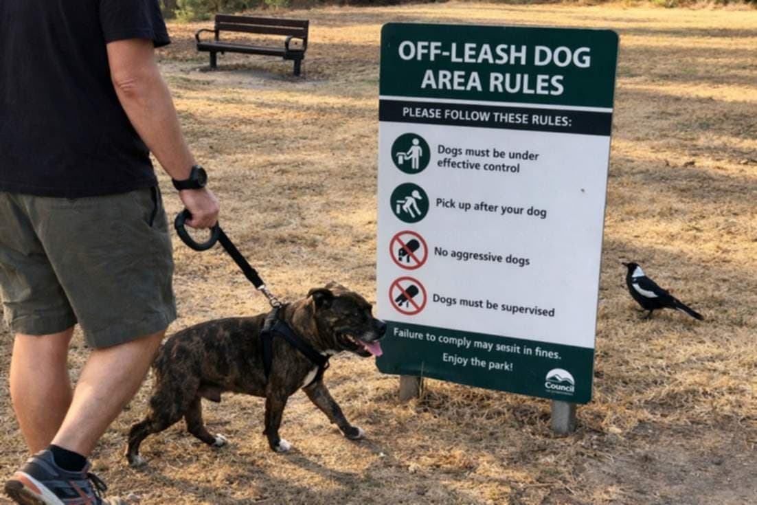Man Walking Past A Council Rules Sign In A Park With Dog