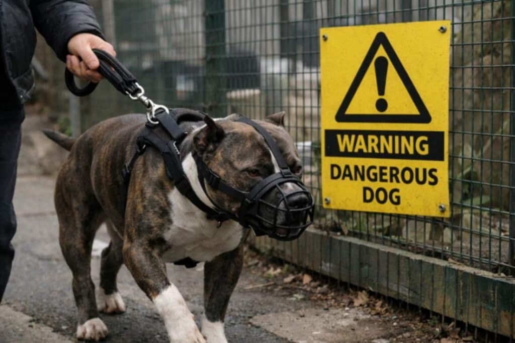 Muzzled Dog On A Short Lead Walking Past A Warning Sign On A Footpath