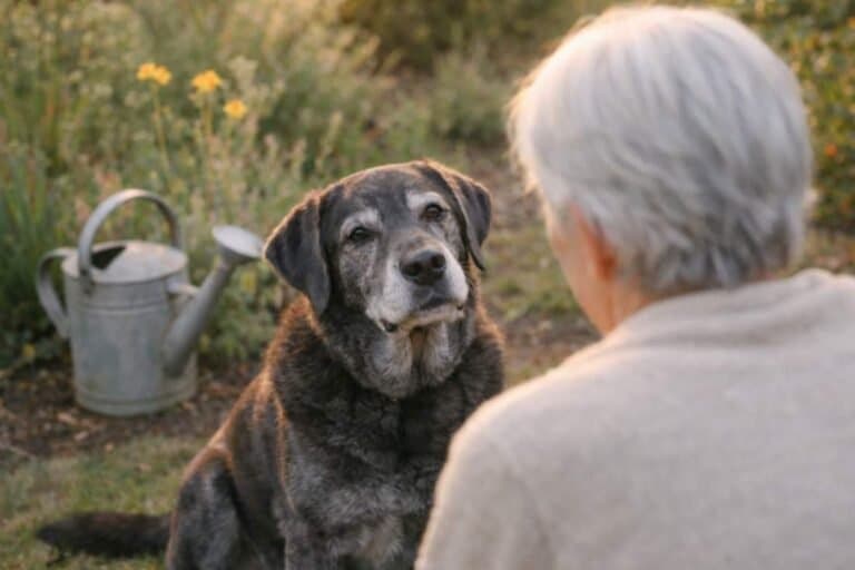 Older Labrador Sitting Attentively With Their Owner In A Garden