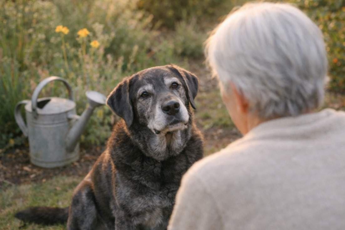 Older Labrador Sitting Attentively With Their Owner In A Garden