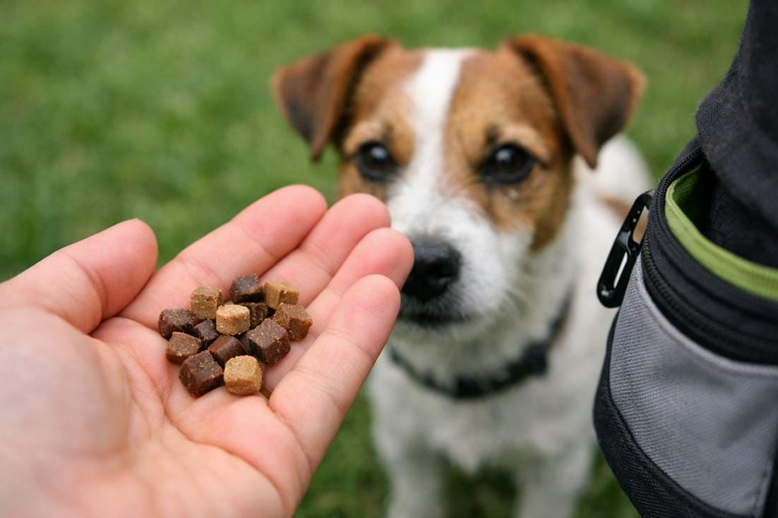 Owener Holding Small Training Treats With An Eager Jack Russell