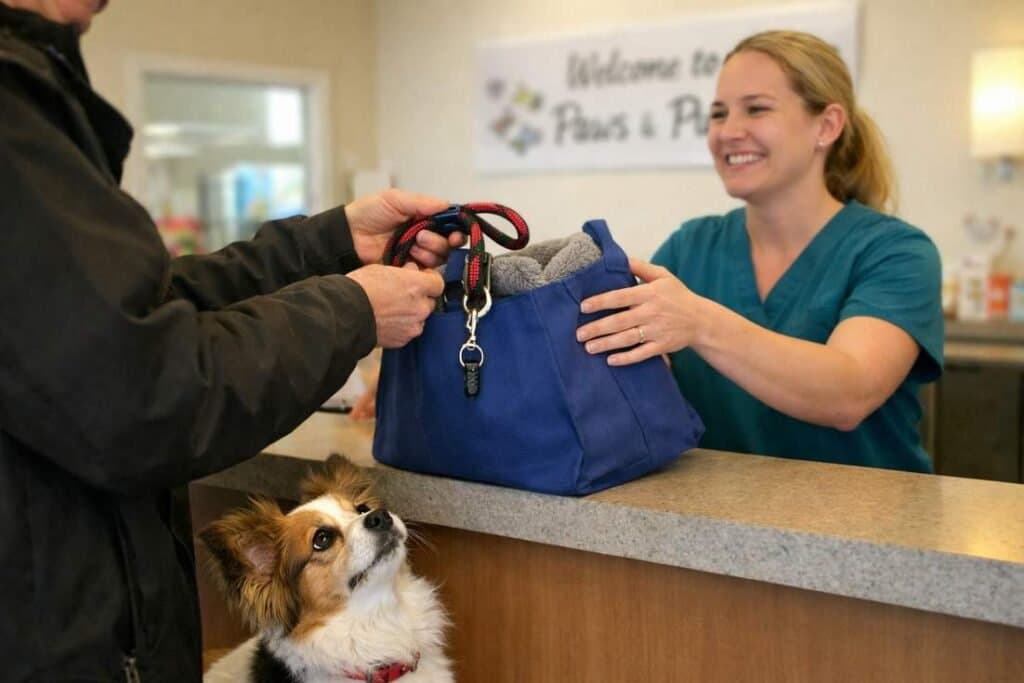 Owner Handing His Dogs Lead And Belongings At A Pet Care Facility