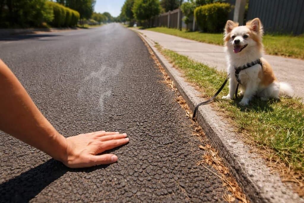 Person Testing Hot Pavement With Back Of Hand While Their Small Dog Waits On The Grass